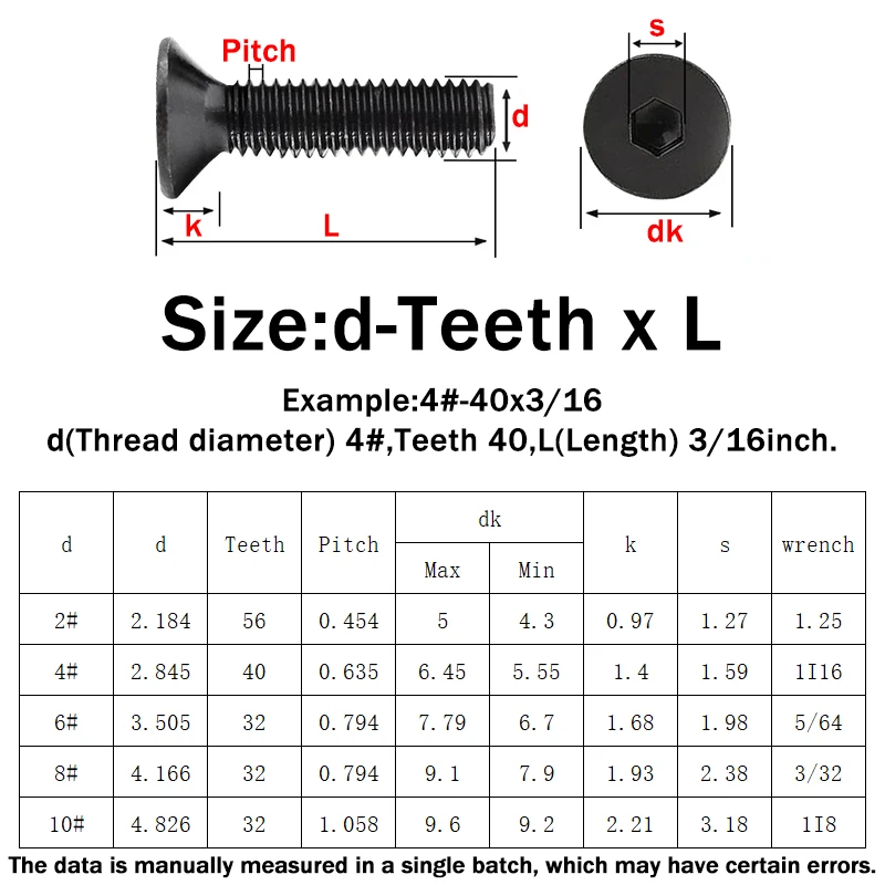 UNC/UNF 4#-40 6#-32 8#-3210#-32 Black Grade 10.9 Steel Hexagon Socket Flat Head Screw Allen Countersunk Machine Screw DIN7991