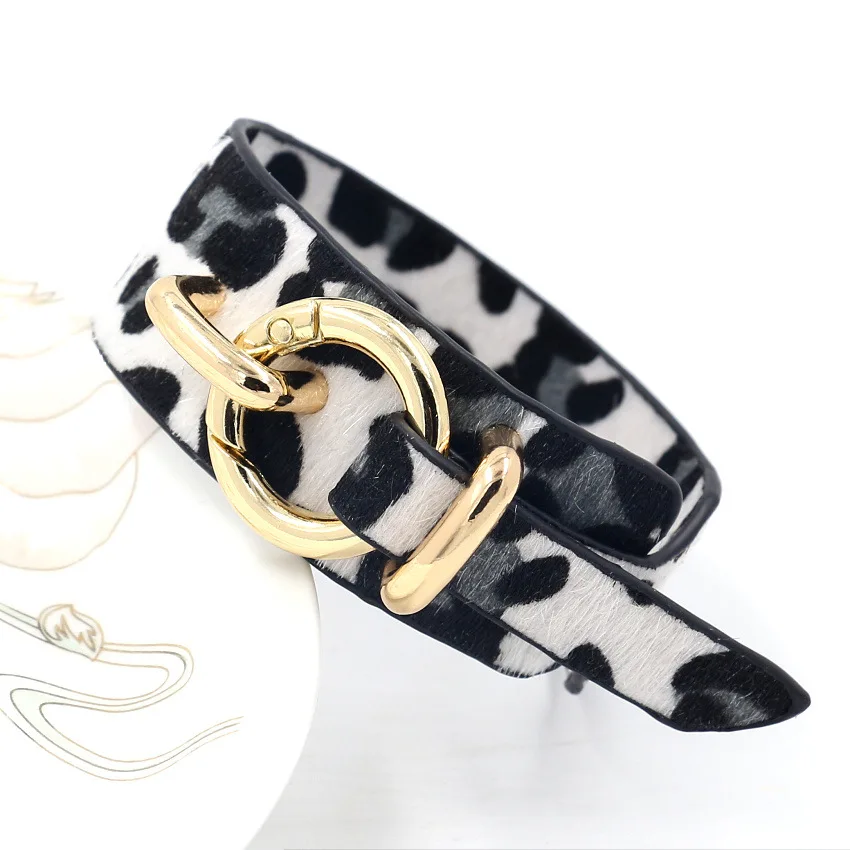 Kirykle Luxury Leopard Leather Bracelet for Women Punk Ring Button Wide Bangle Personality Creative Animal Print Jewelry Gift