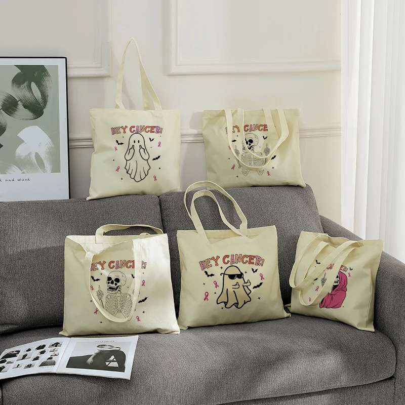 

Empowering Halloween Gift Tote Bag, Skull and Ghost Design with Bat Decor, Handbag for Women Awareness Spirit Playful Contrast