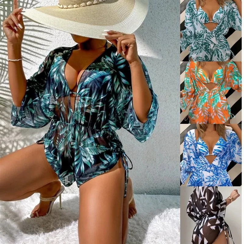 

Women’s Bikini Swimsuit Border Long - Sleeve 3 Piece Mesh Waist Cinching Drawstring Print Split