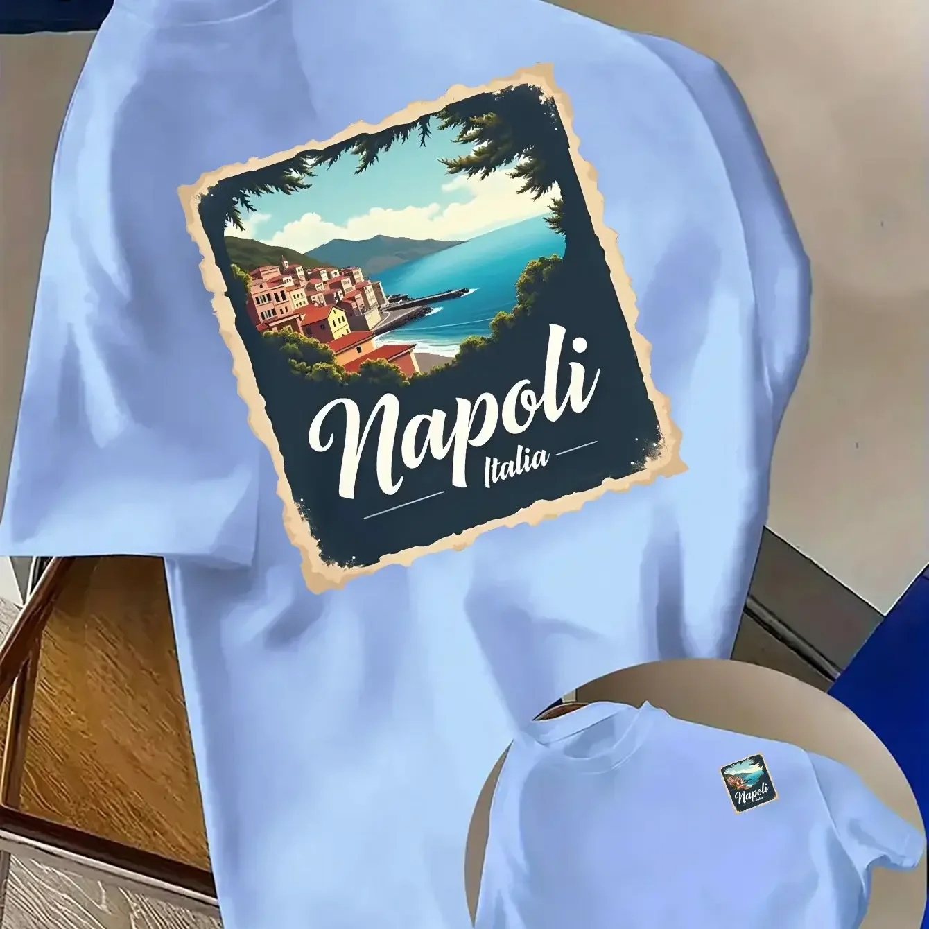 Italian Coastal Scenery Print Men's 100% Cotton T-shirt, Loose Fit, Crew Neck, Casual Travel Top