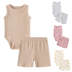 Unisex 2Pieces Bodysuits+Shorts Cotton Baby Girl Clothes Newborn Solid Color Baby Boy Clothes Cartoon Sleeveless Bebes