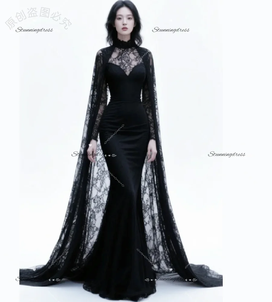 Charming Black Mermaid Wedding Dress With Lace Cape High Neck Long Sleeve Lace Bridal Dress 2026 Bohemian Country Garden Bride