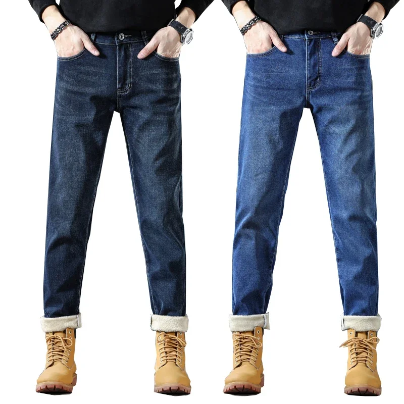 

Jeans With Fleece For Men Thicken Winter Jeans Stretch Dark Blue Warmer Slim Straight Casual Trousers Men's Clothing Denim Pants