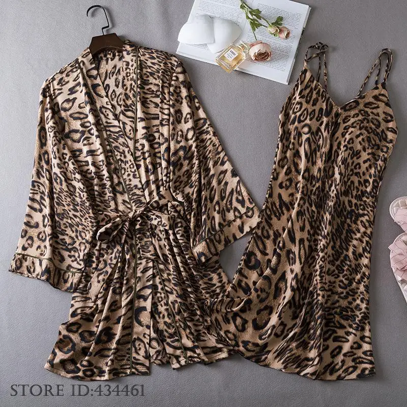 

Female 2PCS Nighty&Robe Set Nightgown Sexy Leopard Suspender Night Dress Kimono Bathrobe Gown Loose Satin Sleepwear Home Wear