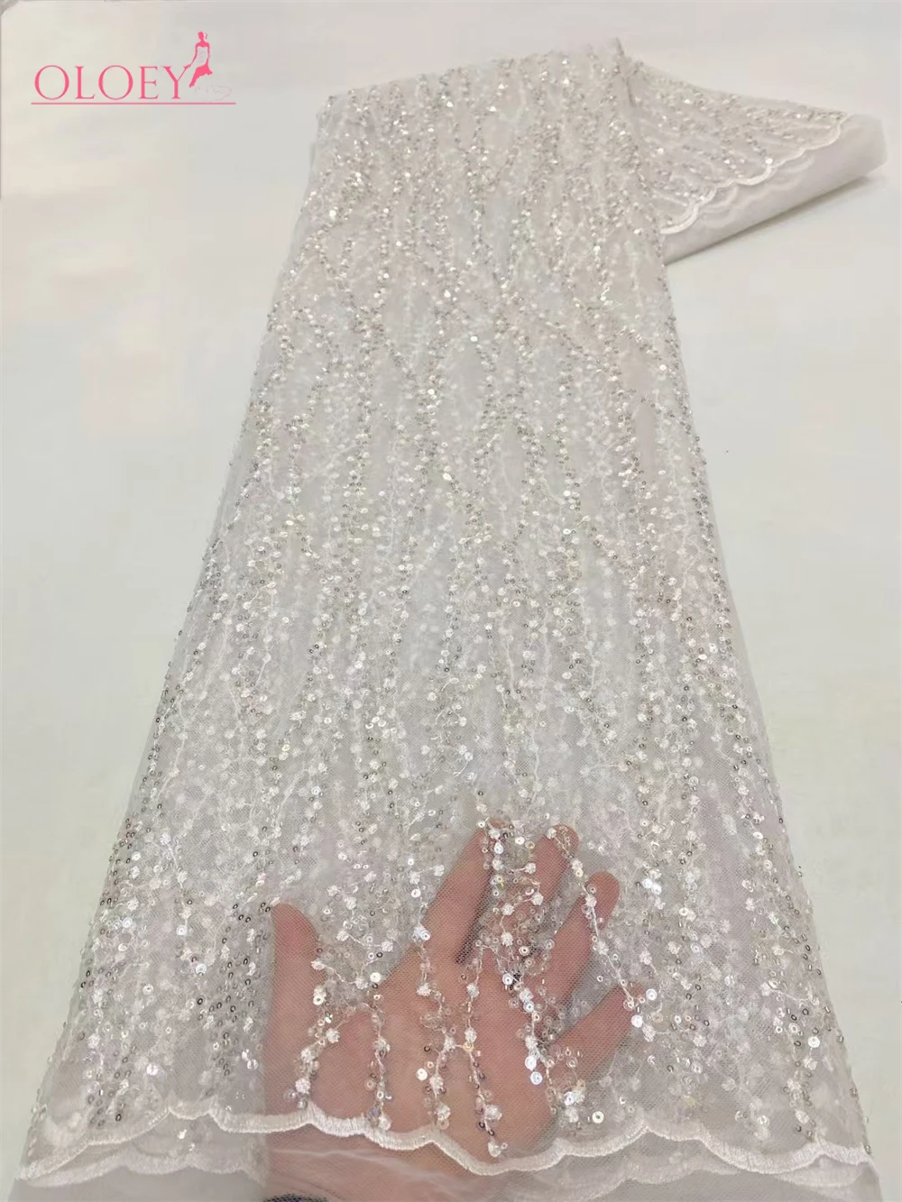 

2025 Fashion French Embroidery Beaded Lace Fabric African Nigerian With Sequins Lace Fabric For Wedding Dress