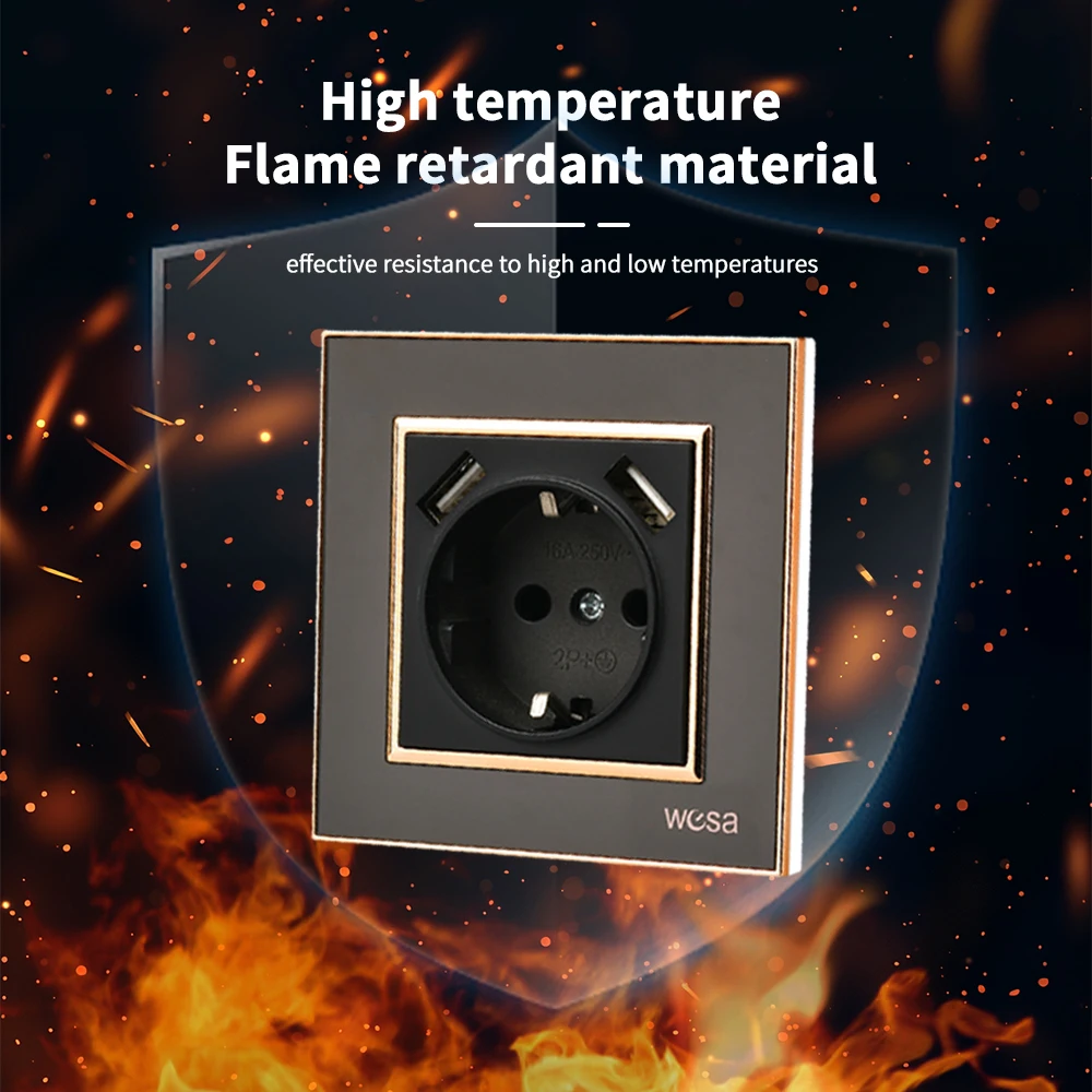 جدار أسود مدمج مثبطات اللهب مع لوحة أكريليك أرضية 250 فولت منافذ كهربائية قياسية للاتحاد الأوروبي مآخذ طاقة USB كلاسيكية 250 فولت #4