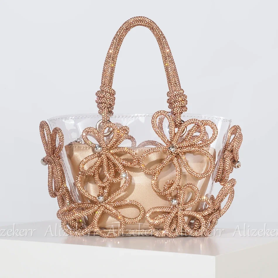 Diamond Flower Transparent Tote Bags Women Boutique Summer Holiday Handmade Woven Rhinestone Beach Purses And Handbags Wedding