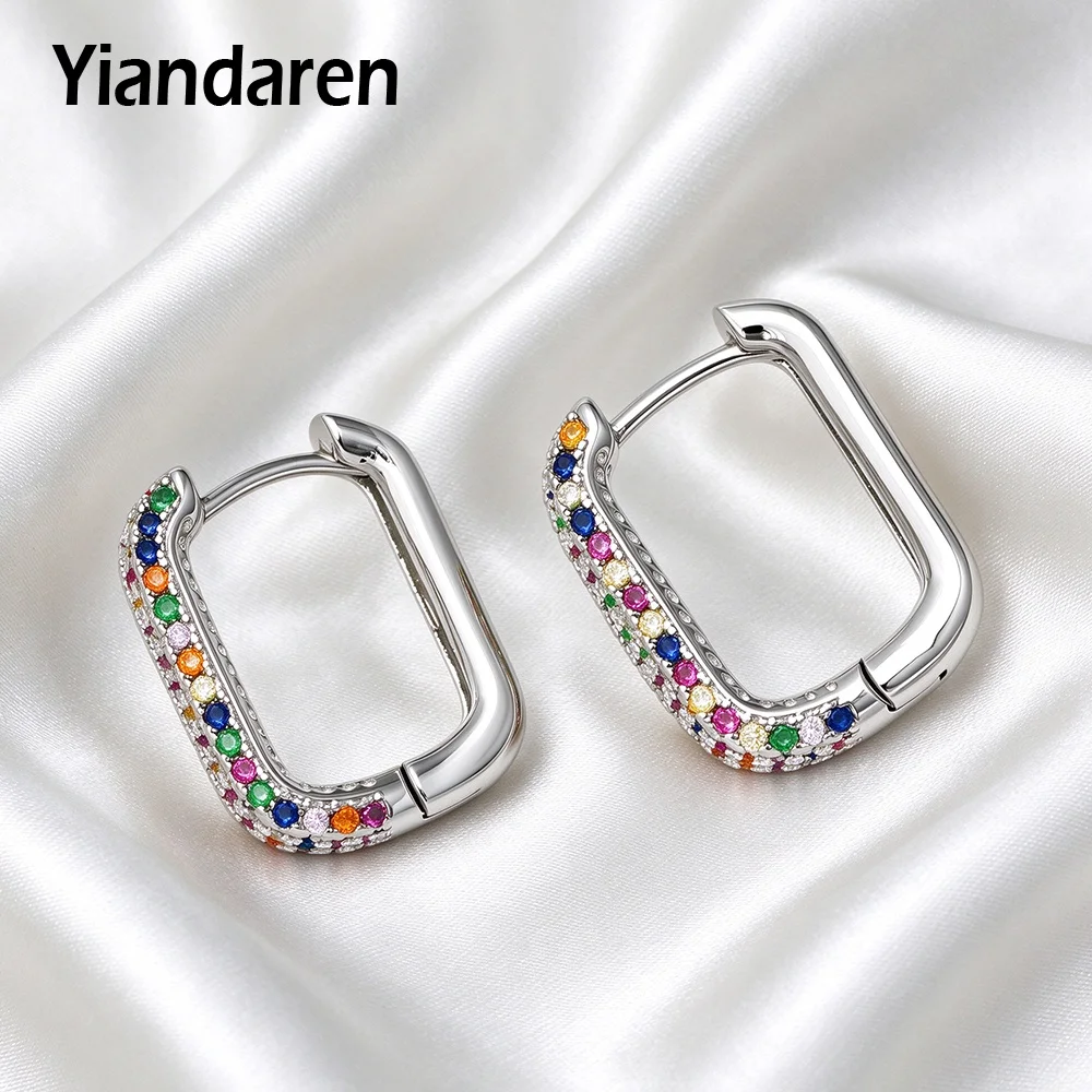 Rhodium Plated Square Huggie Hoop Earrings for Women Multicolor Cubic Zirconia Rainbow Circle Ear Buckle  Party Jewelry Gift