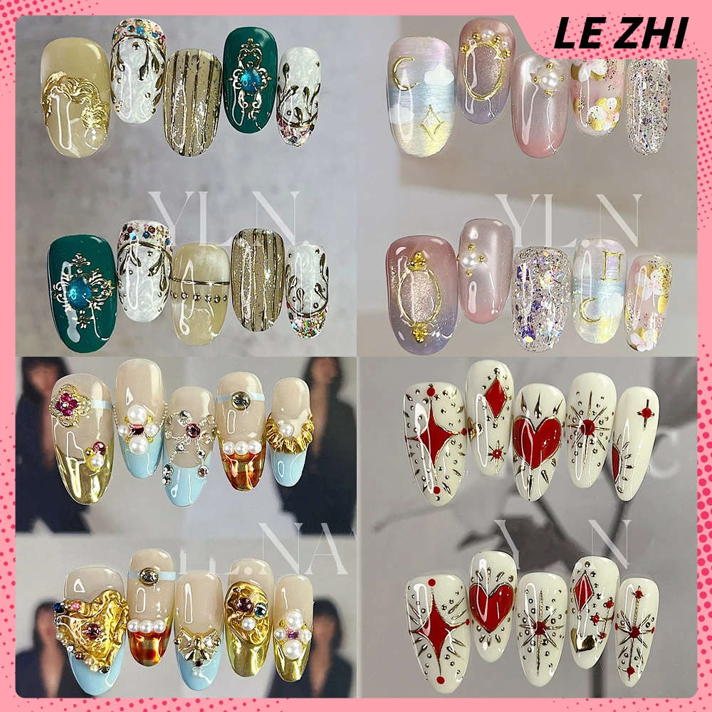

Light Luxury Colorful Handmade Short Square Ellipse Fake Nails Gold Glittering Cat Eyes Pearl Flowers Detachable Press On Nails
