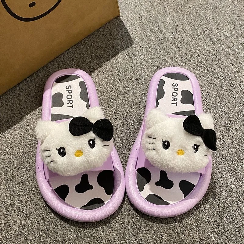 Cute cartoon cat wearing Hello Kitty doll slippers for men and women, soft sole, large size, indoor anti slip couple slippers