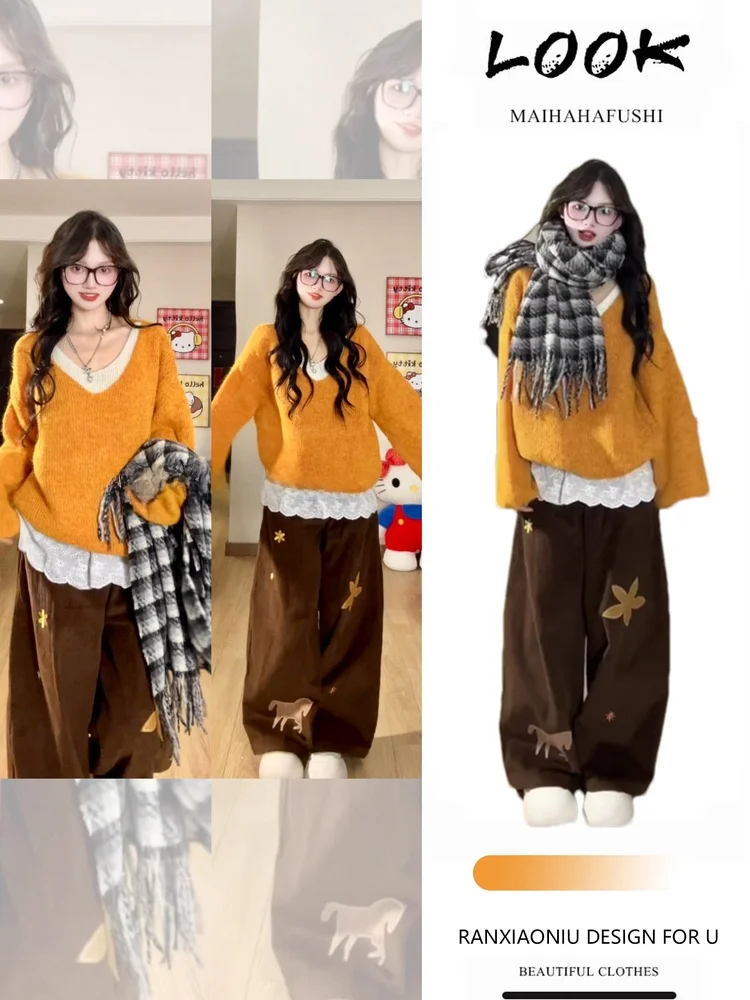 

Loose Knitted Print Set Women's Autumn Winter Dopaamine Style V-neck High Waist Wide Leg Pants Two-piece Suite Casual Fashion