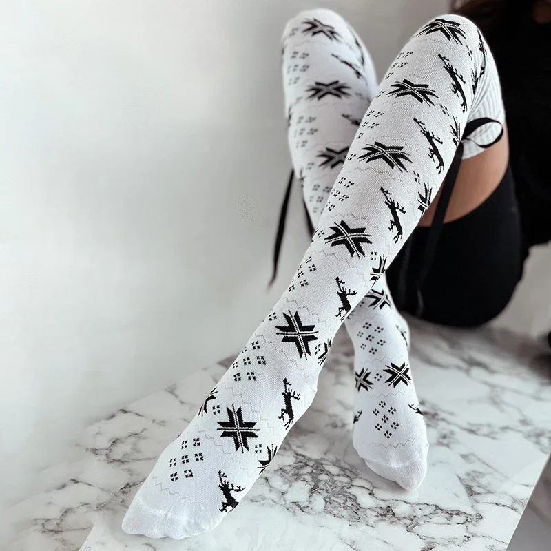 Christmas Women's Knit Thigh High Socks Autumn Spring Contrast Color Snowflake Print Long Stockings with Satin Thick Long Socks