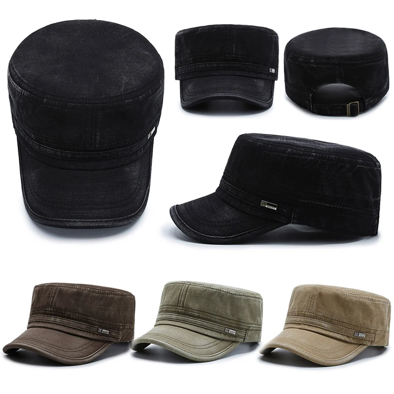 Military Cap Mens Retro Cap Washed Cotton Cap Flat Cap Neutral Hat Stylish Temperament Simplicity Old Man Cap Vintage Universal