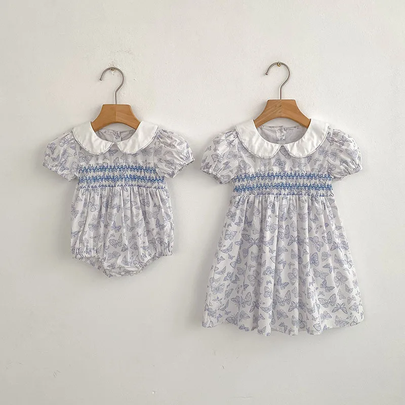 

Girls Sister Clothes Summer Sister Newborn Newborn Floral Jumpsuit Sweet Baby Princess Smocked Dress Spanish Children's Clothing