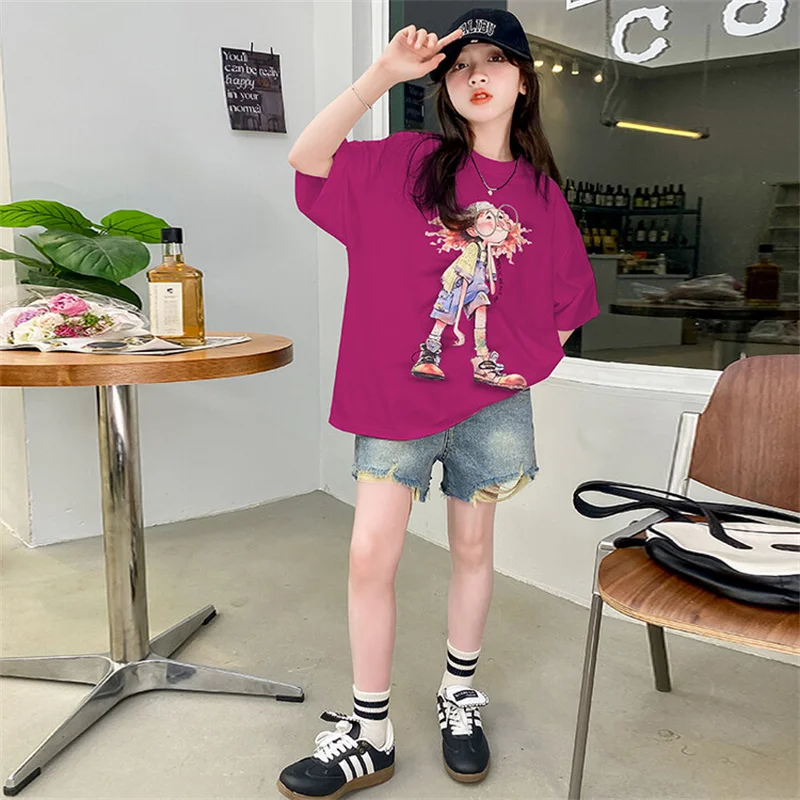 

Girls Summer T-shirt 2024 new 6-12 years old 15 years old children's clothes 9 casual fashion little girl clothes