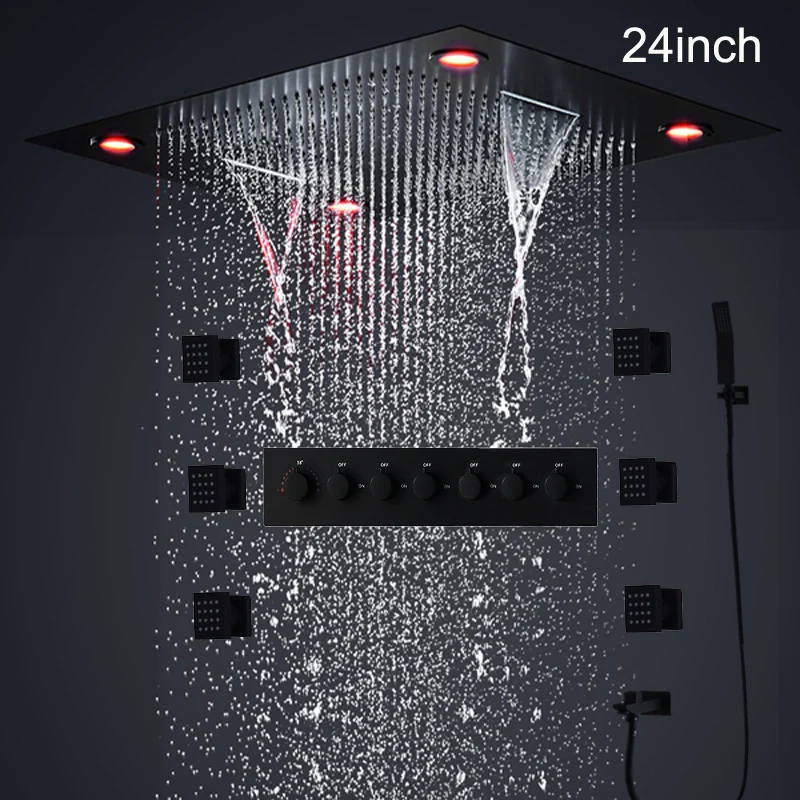 

hm Luxury Ceiling LED Shower Set Spray Waterfall Rain Shower Head Panel 24Inch Bath Large Black Faucets System Massage Body Jets