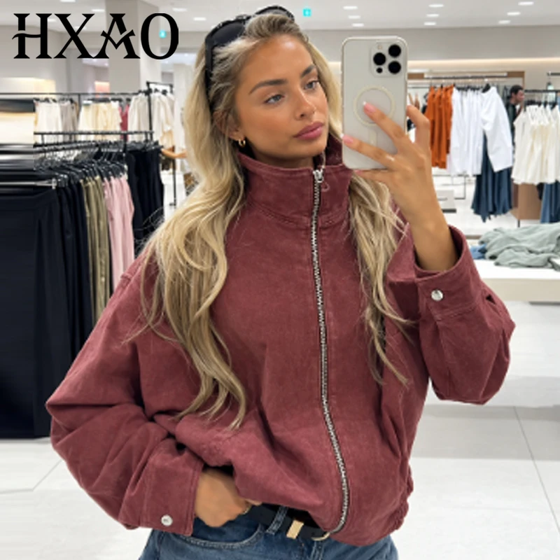 HXAO Damen-Bomberjacke aus Kunstwildleder in Burgunderrot, Herbst, lässig, Oversized, mit Reißverschluss, Stehkragen, langärmelig, schicke Oberbekleidung – Detail 3
