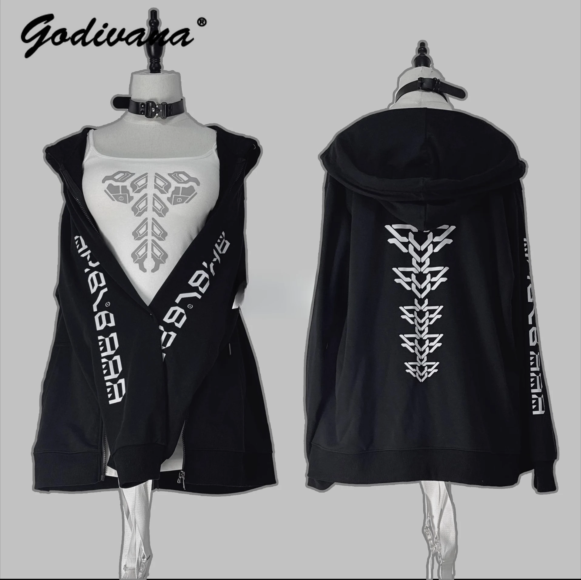 

Original Black and White Mechanical Spine Print Oversized Hooded Loose Coat Spring and Autumn Long-sleeved Zipper Hoodie Jacket