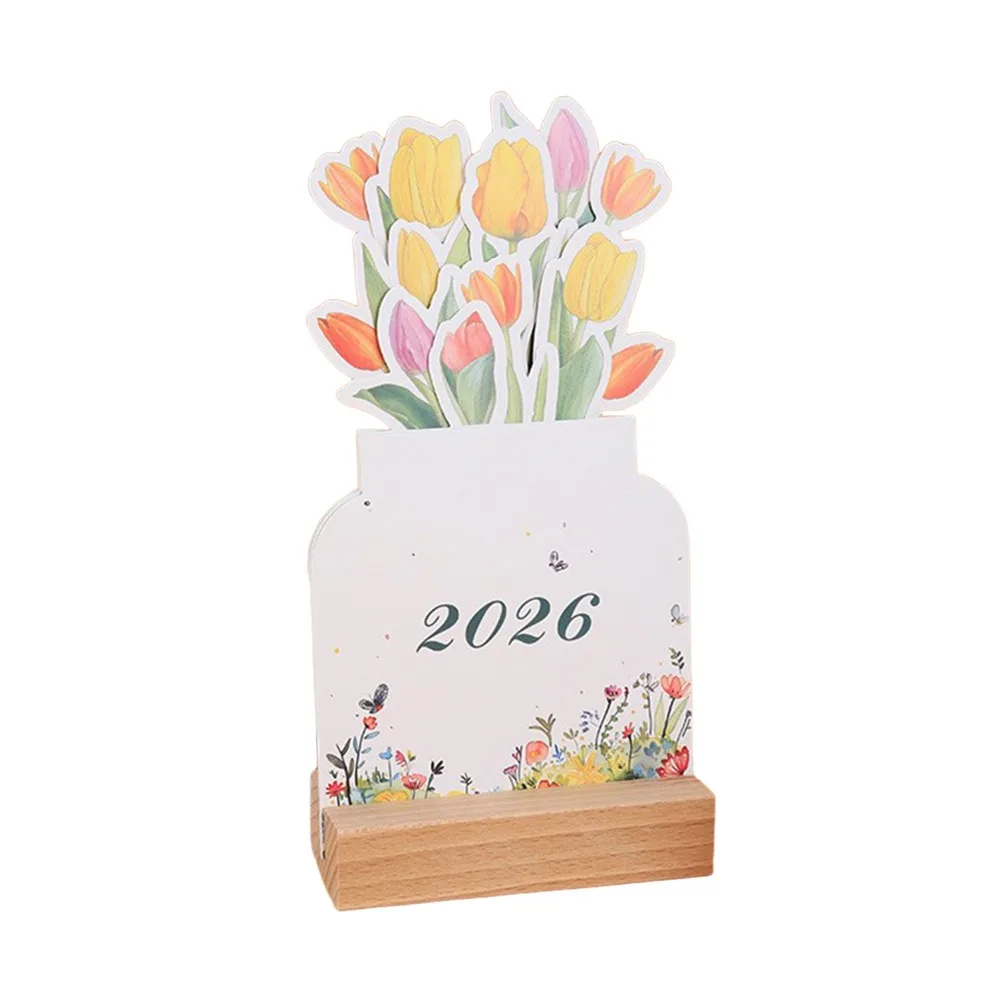 

Wooden Base 2026 Desktop Calendar Detachable Base Vase Shaped Monthly Planner Date Display DIY Bloomy Flowers Desk Calendar