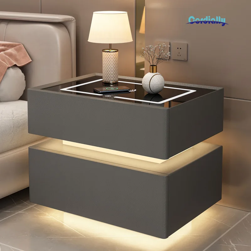 Smart Bedside Table 40-50cm Sensor Light Nordic Nightstand Storage Cabinet Wireless Charging Bedroom Furniture