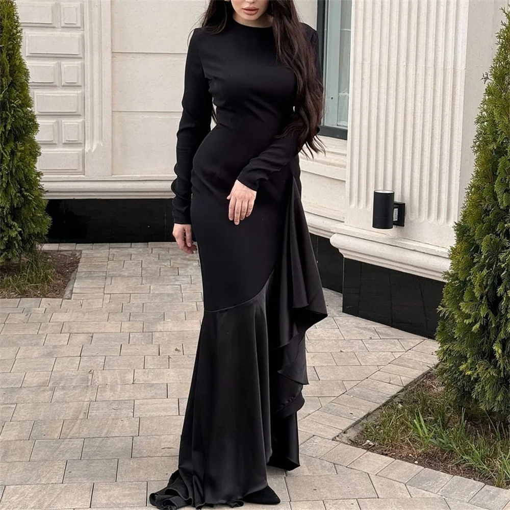 

ROYET Simple Black O Neck Long Sleeve Mermaid Formal Evening Dress Floor Length Sweep Train First Communion Dress Customized New