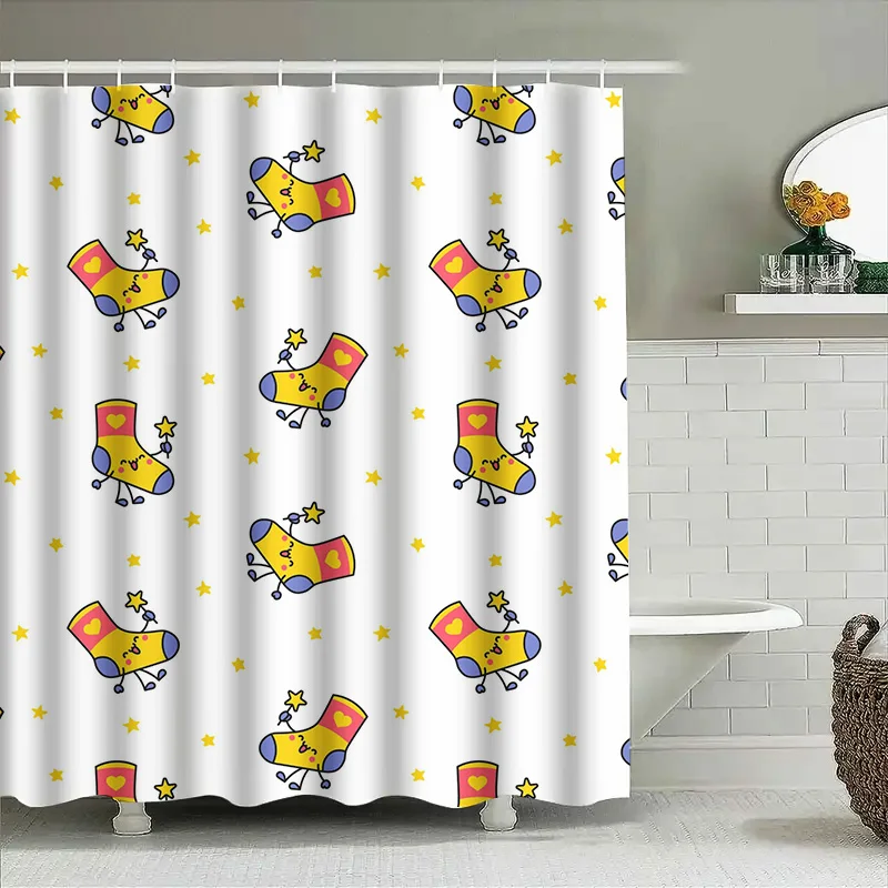 Cheerful Cartoon Socks Shower Curtain for Kids Bathrooms Decor White Background with Yellow Stars Perfect Gift for Children's Ro