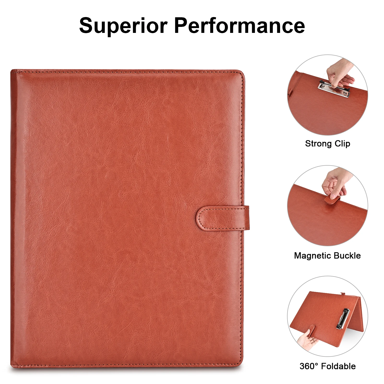 Kingfom A4 Paper File Folder PU Leather Clamping Board A4 Notebook Holder Padfolios with Clip Business Card Pocket Pen Holder