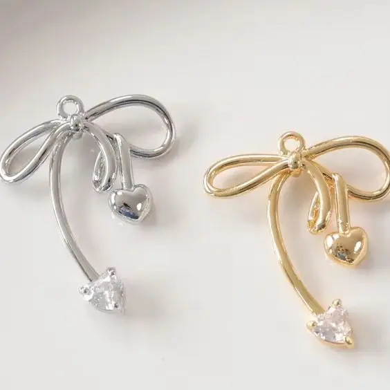

2PCS 20x24mm Copper Gold-Plated Ribbon Heart Zircon Bow Pendants Cute Sweet DIY Handmade Jewelry Accessories