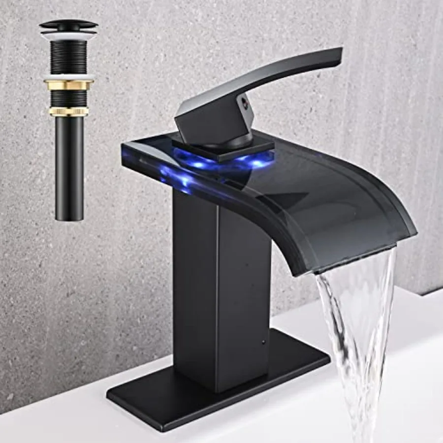 

Bathroom sink faucet matte black metal waterfall spout single-hole installation includes pop-up drain and dual water supply lin