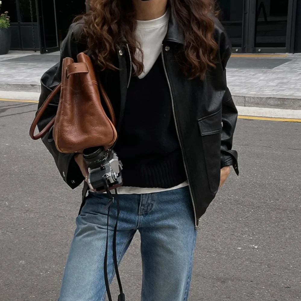 Femmes Chic polyvalent rétro Faion minceur Hong Kong Sle Long Sve PU moto Jaet cuir manteau vêtements d'extérieur