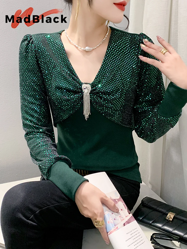 

MadBlack European Clothes Tshirt Women Sexy V Neck Sequin Bowtie Slim Tops Long Sleeve Bottoming Tee Autumn Winter 2023 T39930JC