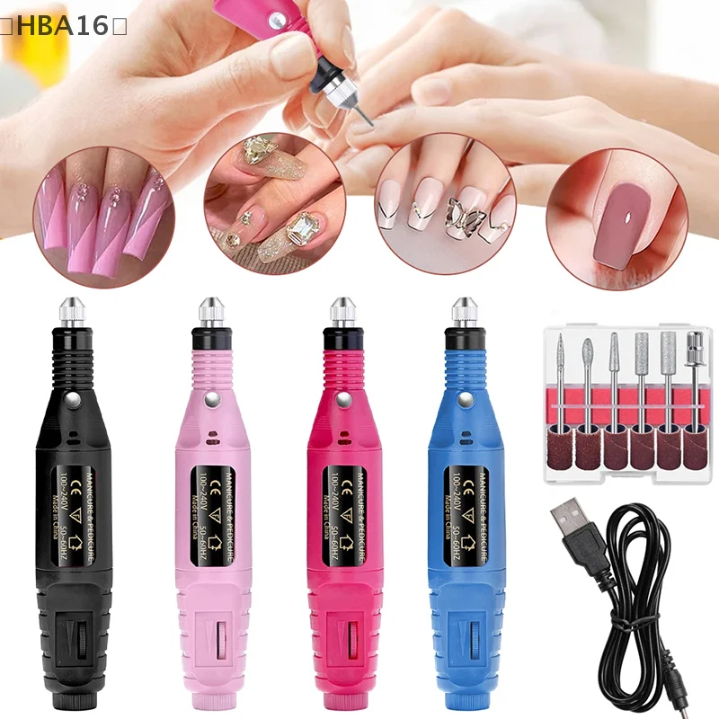 〔HBA16〕Electric Nail Drill Machine Set,Professional Manicure Pedicure Kit With 6 Drill Bits USB Rechargeable Adjustable Speed