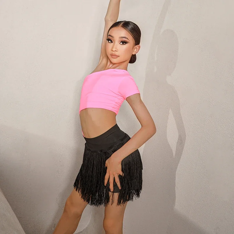 تنورة رقص لاتينية جديدة للفتيات تشا تشا رومبا ملابس الرقص شرابات كثيفة أداء لاتيني زي تنورة سوداء مهدب DNV16158 #1