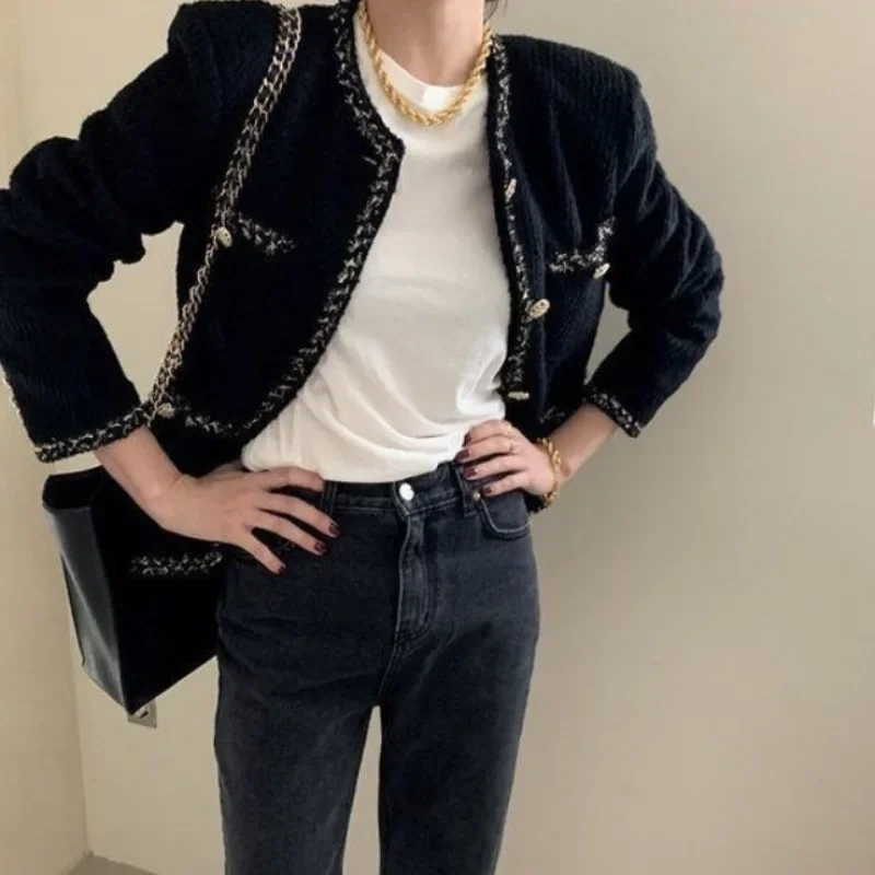 سترة نسائية أنيقة على الطراز الفرنسي خفيفة الوزن ناضجة للربيع والخريف والشتاء للتخسيس ومتعددة الاستخدامات ورقبة دائرية من التويد وأكمام طويلة #4