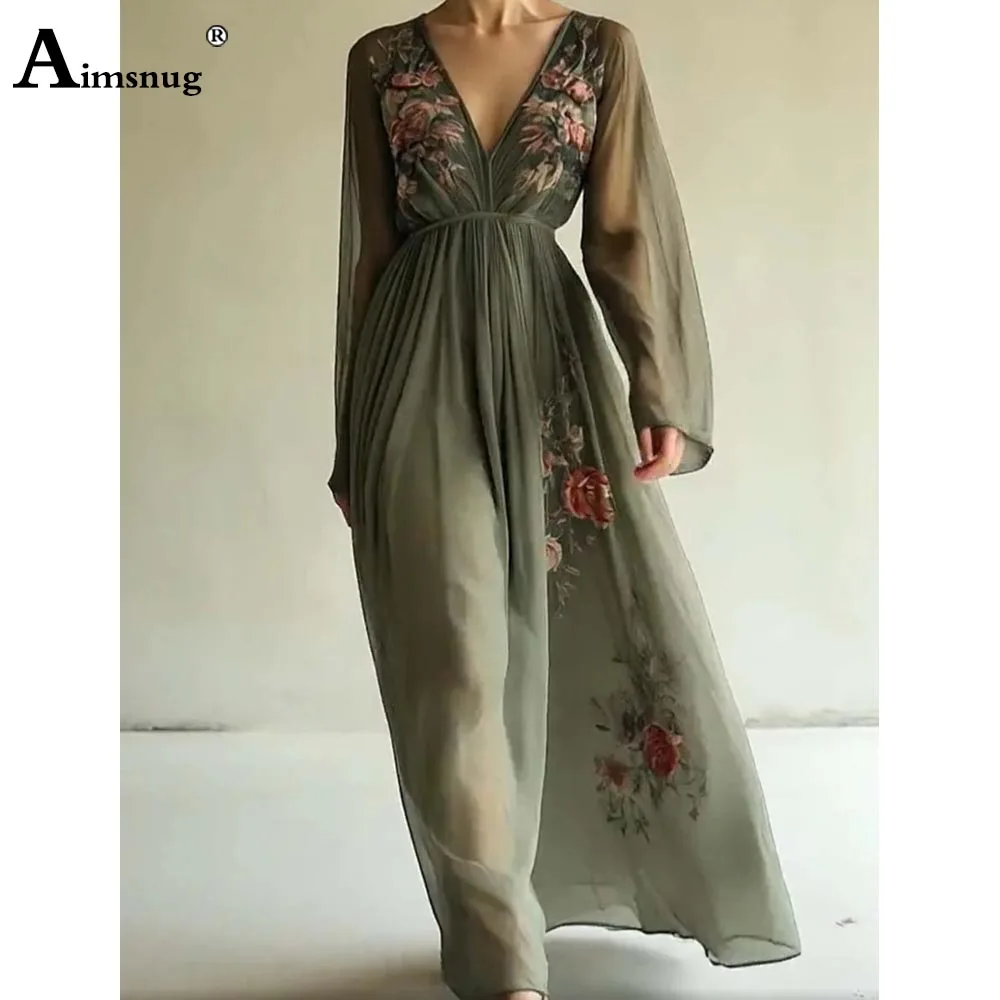 2025, Damen-Kleid mit Boho-Blumenperspektive, neues Sommer-langes Maxikleid, Übergröße, Damen, Vintage, schlichtes Mesh-Kleid mit tiefem V-Ausschnitt