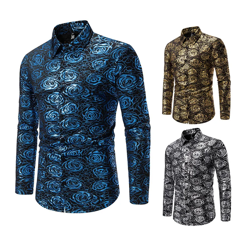 Autumn New Men's European Rose Flower Hot Gold Triangle Neck Long Sleeve Shirt  Men Clothing  Trend