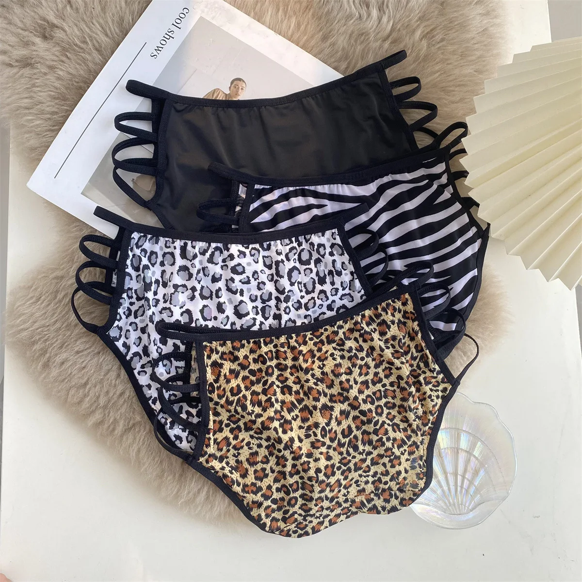 Four Piece Ladies Fashion Leopard Mesh Women\'s Panties Stretchy Comfortable Multicolor Four Piece Mix and Match Set