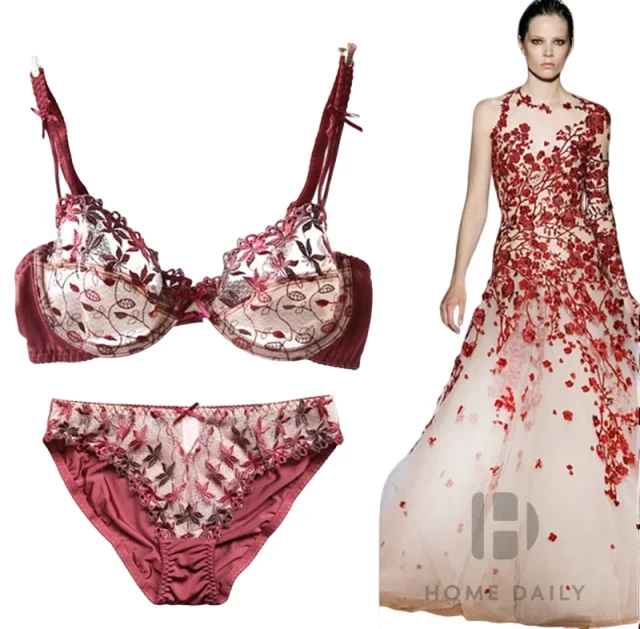 Conjunto de Sutiã Fino KUCLUT Pure Desire Victoria em Renda e Tule Vermelho com Bojo Transparente e Costas Bonitas – Lingerie Sensual Feminina
