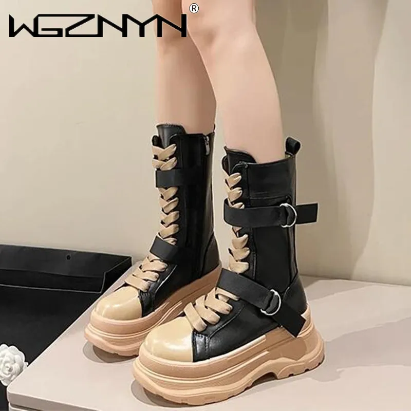 NEW Chunky Platform Women's Boot Autumn Winter Punk Goth Lace-Up Zip Motorcycle Boots Woman Thick Bottom Non-Slip Ankle Booties