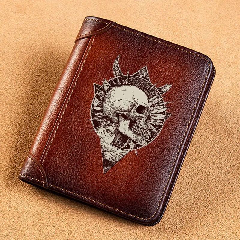 Steampunk Skeleton Cover  Genuine Leather Wallets for Men Vintage Short Multi Function ID Credit Card Holder Money Bag BK3954