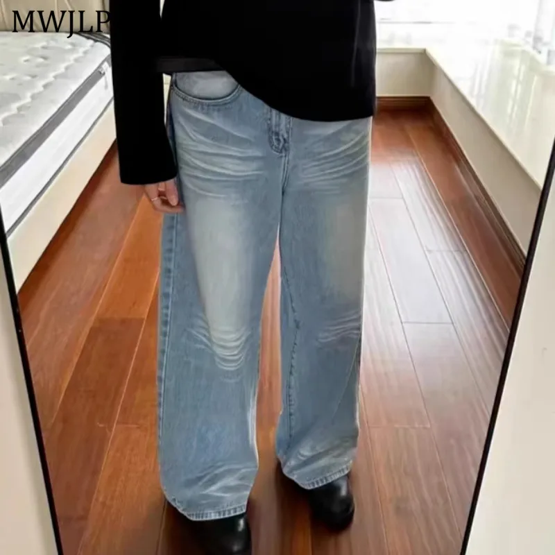 

MWJLPWQ Blue Washed Straight Jeans Men's High Street Ripple Texture Basic Design Baggy Fit Long Pants Unisex Autumn Bottom 11104