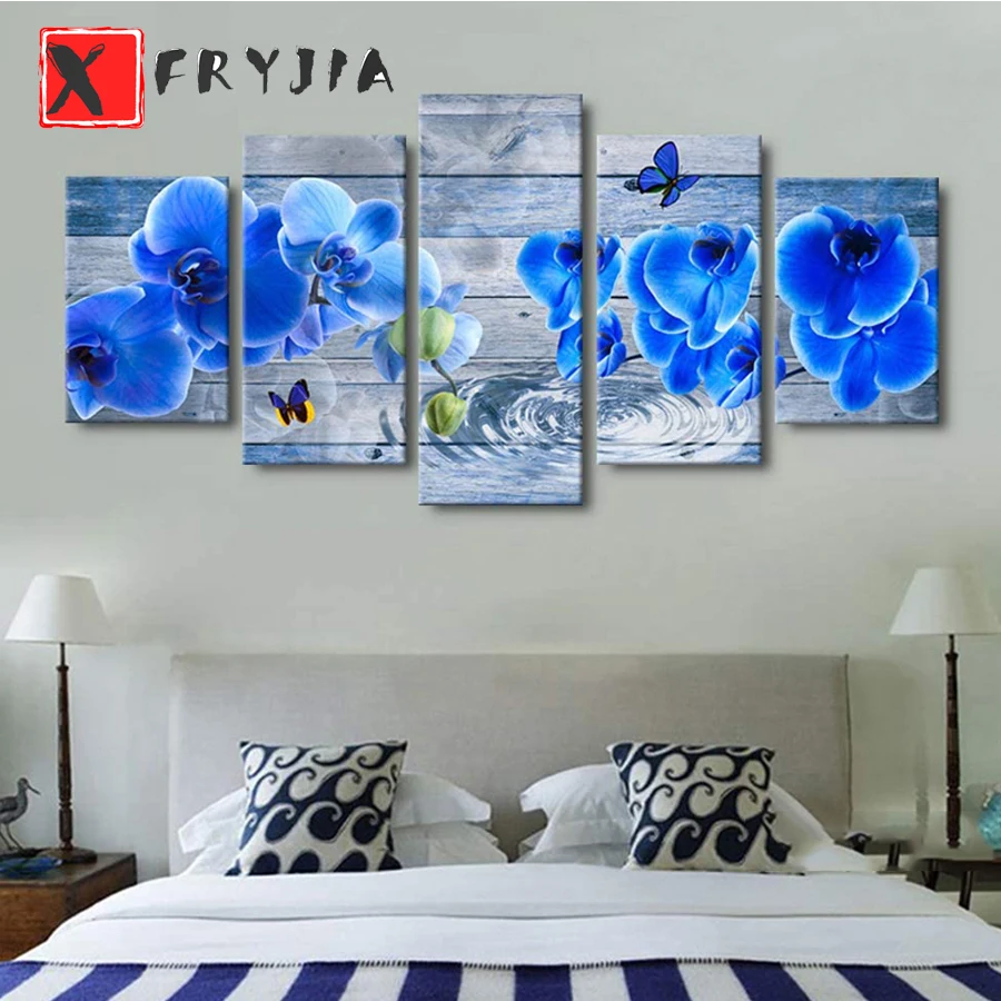 5pcs 5D Diamond Embroidered Blue Flower Orchid Multi-Picture Handmade Diamond Painting Full Square Round drill Abstract Floral