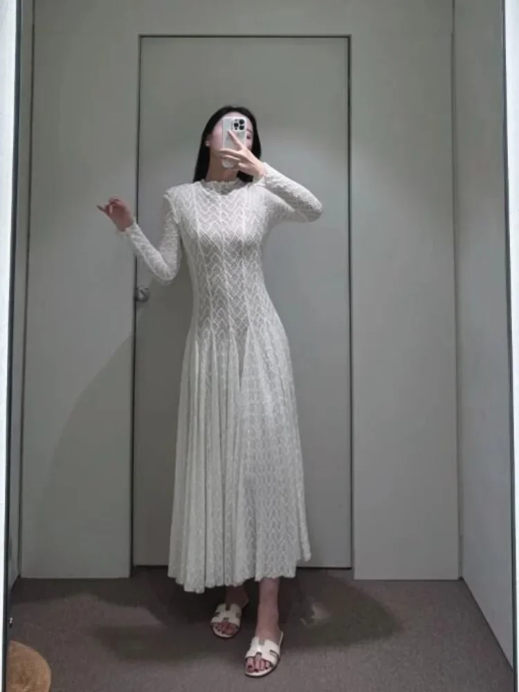 Elegant See Through Dresses For Women Chic Slim Fit Crochet Long Sleeves Hollow Out Ruffle A-line Vestidos New Summer Lady Gown