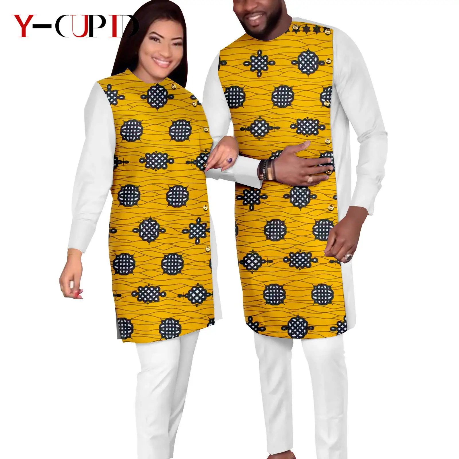 

Dashiki African Women Print Top and Pant Sets Matching Men Outfits Bazin Riche Traditional Wedding Clothes for Couples Y23C025