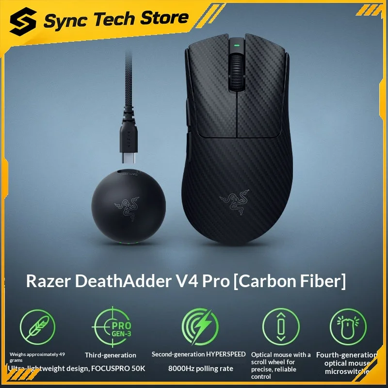 Razer DeathAdder V4 Pro Carbon Fiber Wireless Gaming Mouse 49g Ultra‑Light Right‑Hand Ergonomic 8K Polling Esports Mouse For FPS