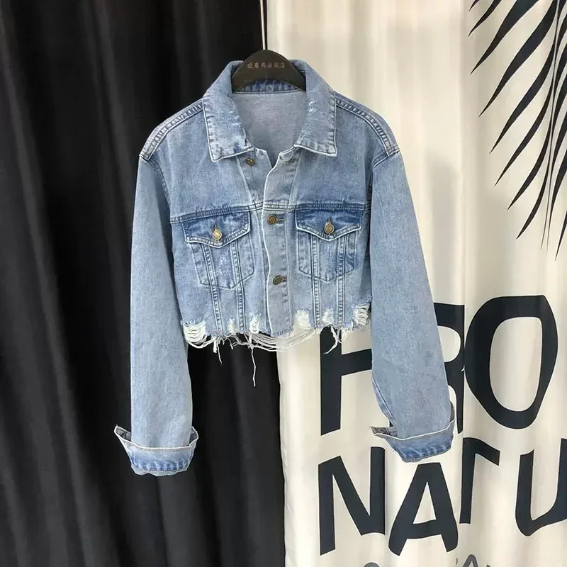 

Cropped Short Denim Jacket Women Autumn Vibe Loose Thin Retro Jeans Jacket Fashion Bf Style Long-sleeved Harajuku Ripped Jackets