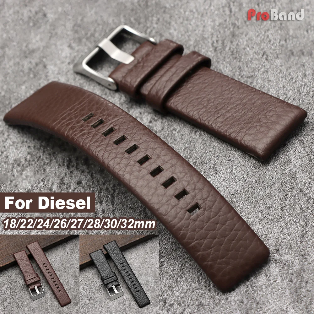 18/22/24/26/27/28/30/32mm Lychee Pattern Cowhide Watch Band Soft Thin Leather Straps for Diesel Replacement Brown Black Bracelet