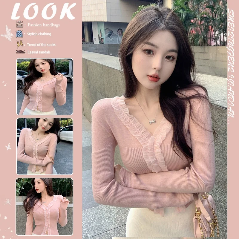 pink-lace-splice-knitted-base-irt-women's-autumn-winter-high-end-pure-desire-sexy-spicy-girl-sexy-v-ne-inner-wear-top