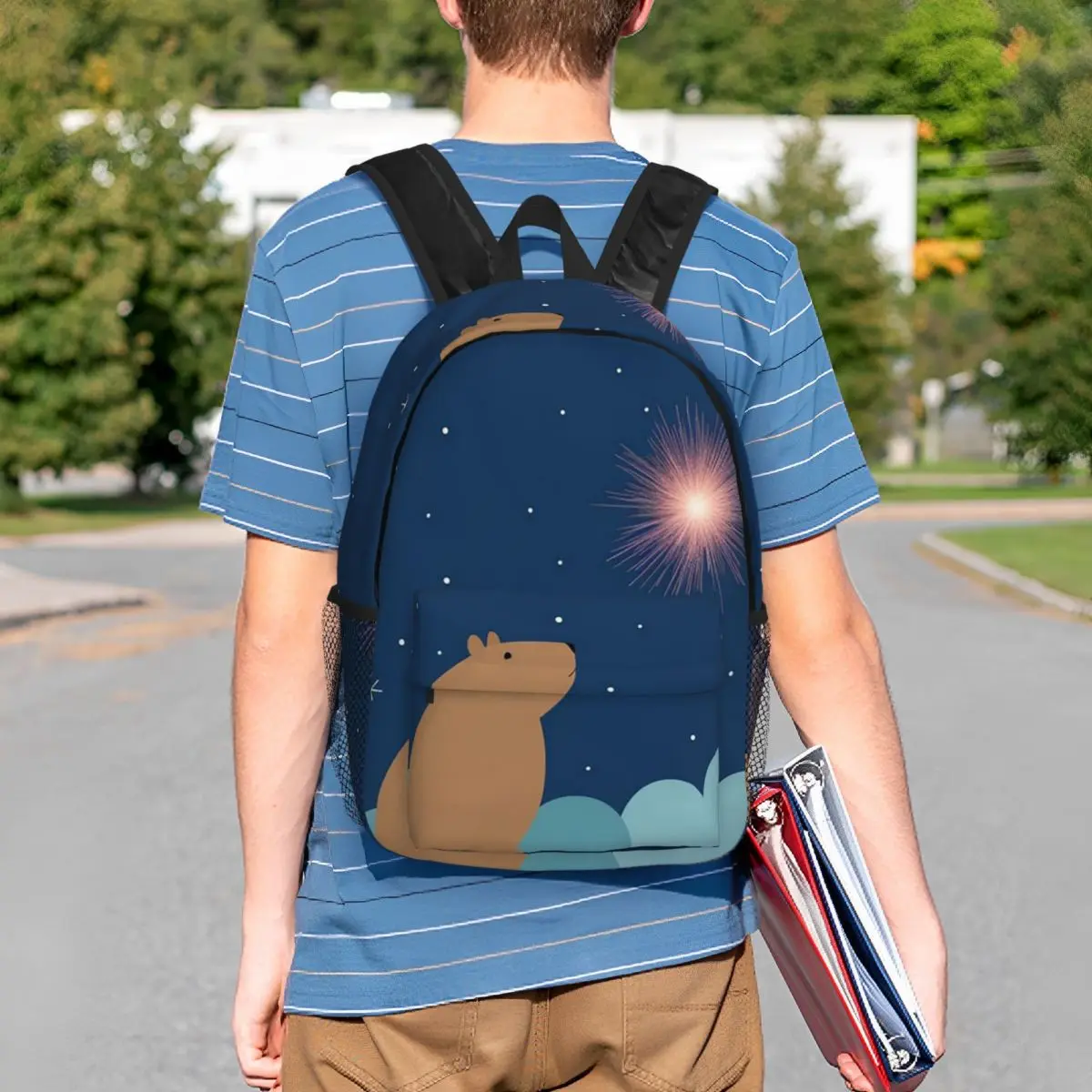 Cartoon Capybara And Stars Starry Night Backpack Student BookBag Kids School Bag Computer Shoulder Bags for Boys Girls